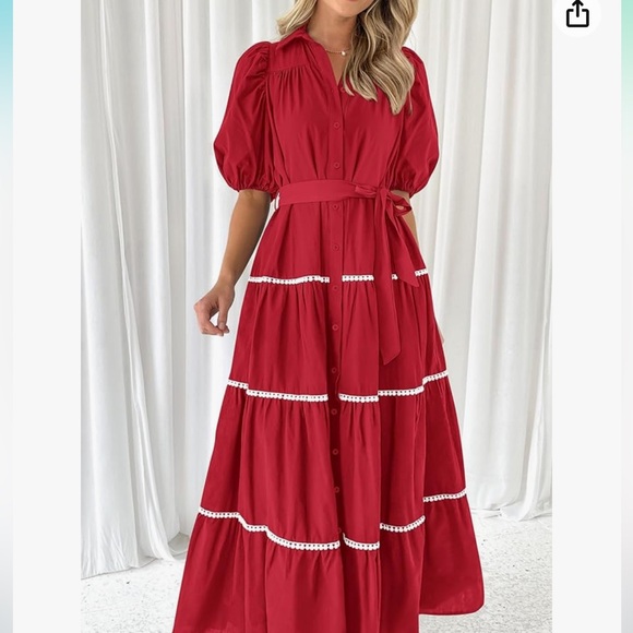 ♥️PRETTYGARDEN Womens Summer Button Down Shirt Dress Short Puffy Sleeve red - Picture 3 of 7